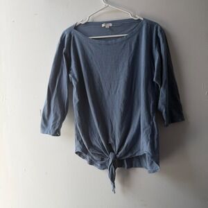 Max Studio Womens Blue Striped Boat Neck 3/4 Sleeve Front Tie Knot Top Size L